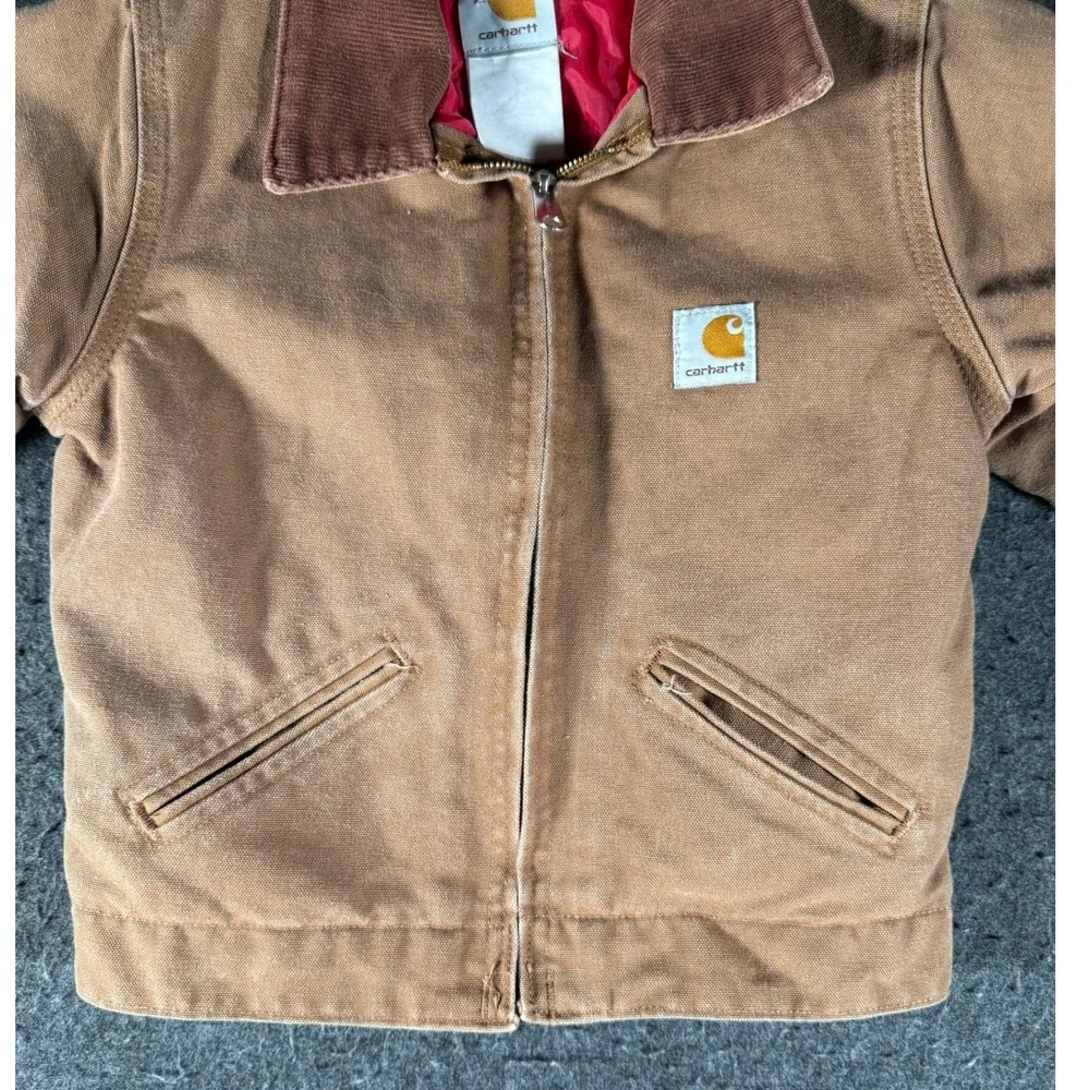 Vintage Carhartt Y04 Detroit Jacket Youth 8 Brown Duck Red Quilt Lined Distress